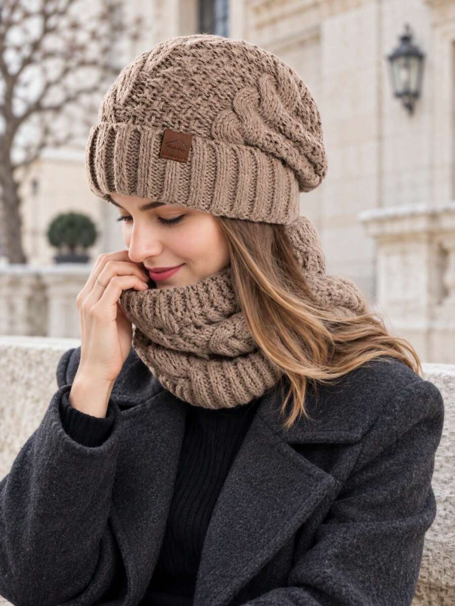 2pcs Set Cable Knit Hat & Scarf, Autumn/Winter Warm Leather Label Pullover Beanie & Thick Cold-Proof Knit Scarf Set - Multicolor - View 1