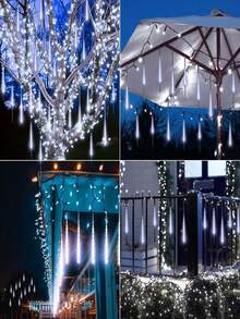 Solar Meteor Shower Lights LED Outdoor Waterproof, 45cm 288 LED/30cm 192 LED Fairy String Lights, 8-Tube Christmas Tree Hanging Lights, Suitable For Garden, Christmas, Eaves, Shop, Camping, Mall, Street, Wall, Tree, Home Decoration - Black - View 5