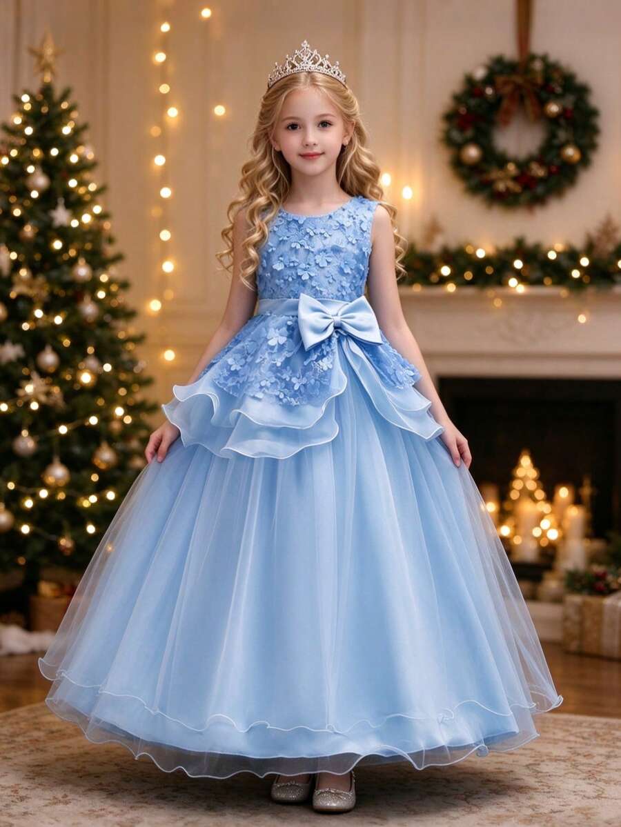 Girls' Floral Wedding Dress Princess Gown Long Dress For Flower Girl, Birthday Party, Holiday, Gathering, Runway, Host, Performance, Evening Formal - Blue - View 1