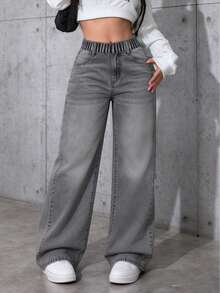 Tween Girl Elastic Waist Pocket Casual Loose Straight Leg Denim Jeans - Grey - View 1