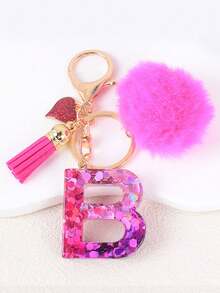 1pc Letter Keychain With Heart Pendant, Cute Rose Red Pom Pom Tassel Key Chain Decoration - Multicolor - View 25