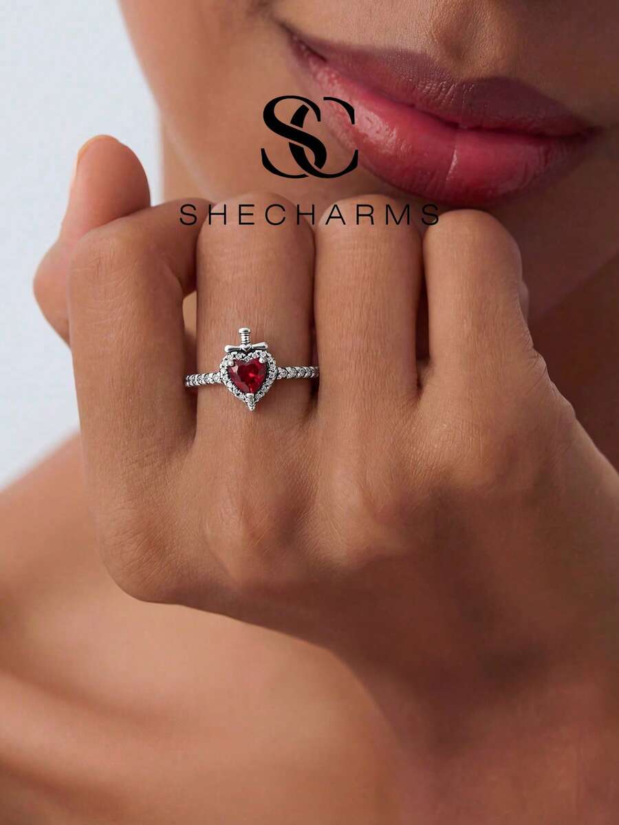 1pc Vintage Style Red Heart Ring, Women's Daily Accessory Or Gift