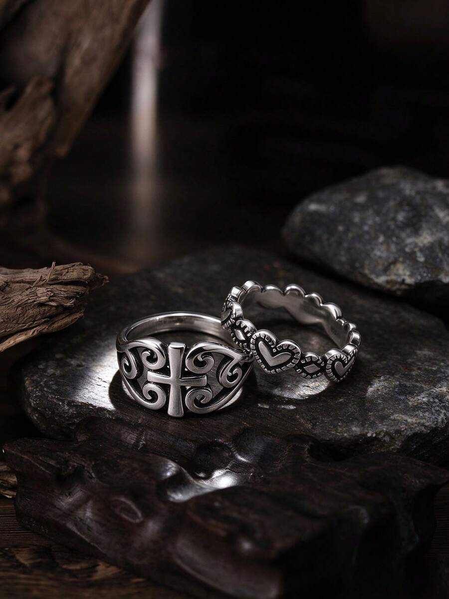 925 Sterling Silver Horse And Roses & Desert Rose Western Ring Set Boho Fall Jewelry Homecoming & Thanksgiving Gift For Country Southwest Style Women - Scroll Cross Ring - View 1