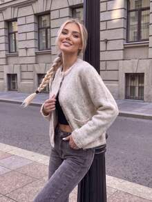 Women's Short Crew Neck Long Sleeve Button Front Ribbed Knit Cardigan With Pockets, Slightly Elastic, Autumn/Winter - Apricot - View 4