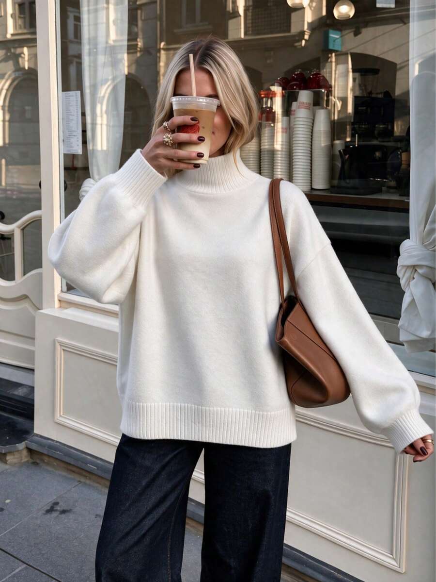 NOVELLE Women's Elegant White Faux Collar Knit Sweater, Soft Loose Drop Shoulder Slouchy Versatile Top For Autumn/Winter, Suitable For Daily, Commuting And Campus - White - View 1