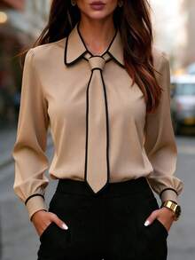 Women's Colorblock Long Sleeve Shirt With Knot Detail, Contrast Trim And Shirt Collar, Casual Office Commute Top, Suitable For All Seasons - Light Khaki - View 4