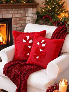 1PC Christmas Pillow Covers 18x18 Faux Fur 3D Candy Cane Beige Red, 3D Embroidered, Candy Cane, Peppermint Candy, Soft Plush Faux Fur, Throw Cushion Case, Bedroom Living Room Decor Christmas Cushion Covers Autumn Home Decor Halloween Christmas Gifts - Candy Cane - View 9