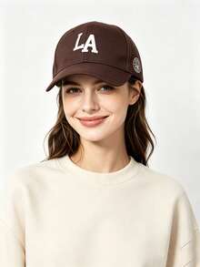 1pc Embroidered LA Baseball Cap, Outdoor Adjustable Sun Protection Casual Hat, Suitable For Spring/Autumn Travel, Beach Vacation, Men's Sun Hat, Y2K Style Youth Cap - Coffee Brown - View 1