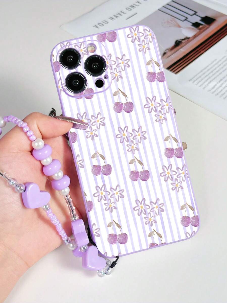 #Hot # 1pc Purple TPU Cherry Daisy Striped Pattern Full Coverage Shockproof Phone Case And 1pc Purple Heart Bead Wrist Strap, Suitable For Versatile Phone Case/Lanyard Phone Case/Fun Phone Case/Apple Phone/Android Phone Case - Multicolor - View 1