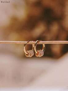 1Pair 14K Gold Plated Hoop Earrings, Removable Sparkling Zirconia Gear Charms Hypoallergenic Small Circle Click Top Pierced For Women Daily Wear - Gold - View 5