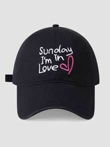 1pc Letter Sunday, I'm In Love, Heart Pattern Embroidered Baseball Cap, Unisex Couple Style, Solid Color Soft Top Hat, Adjustable Curved Brim - Multicolor - View 5