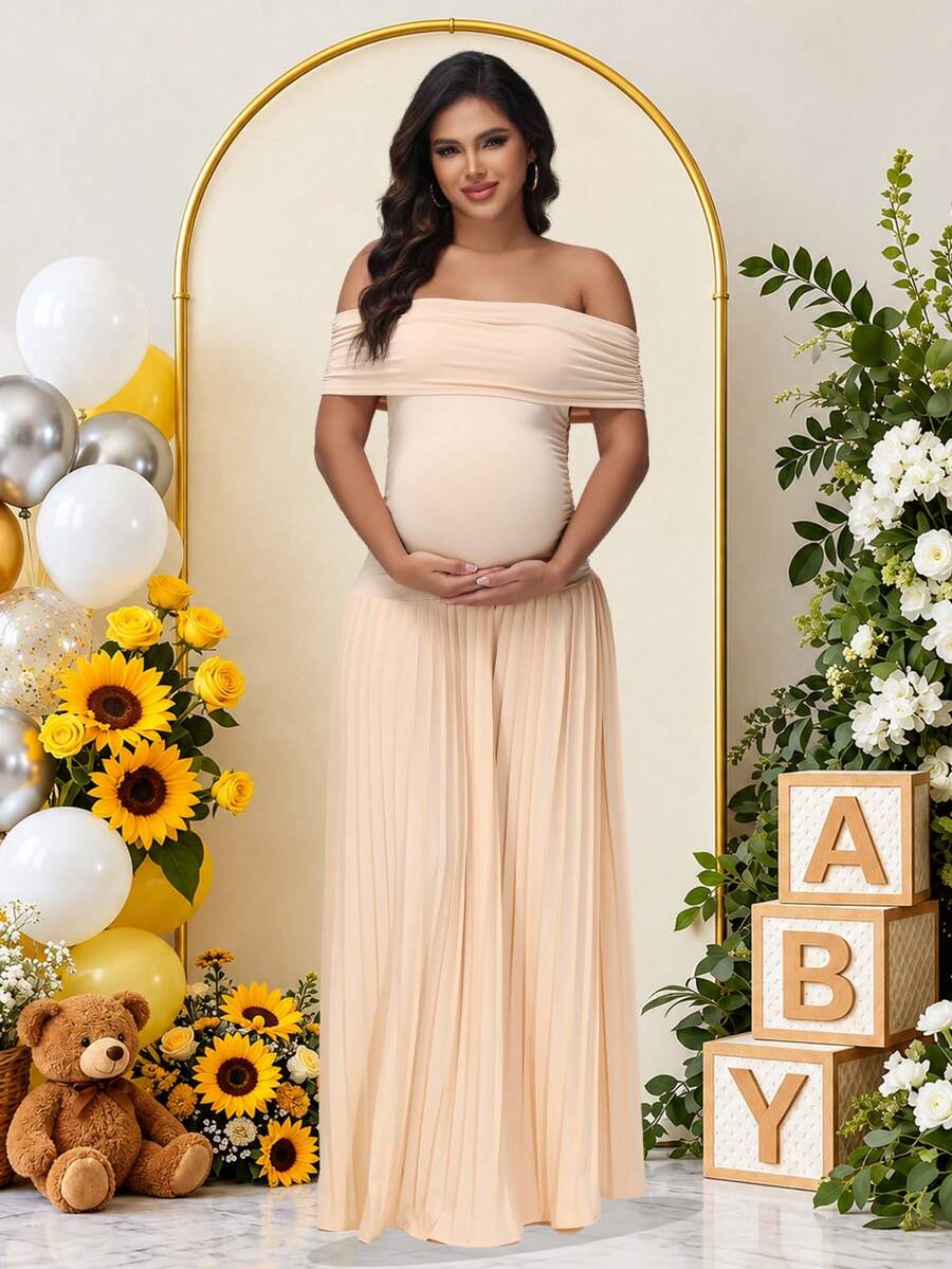 JustVH Open Shoulder Maternity Party Dress, Ruffle Hem, Women's Baby Shower Long Formal Gown Spring Fall - Apricot - View 1