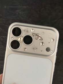 1pc Luxury Shiny White Heart Rhinestone Planet 3D Starry Sky Transparent Frosted Camera Lens Protector, Planet Star Heart Pearlescent Phone Camera Cover, Cute Girl Phone Accessory - White - View 1