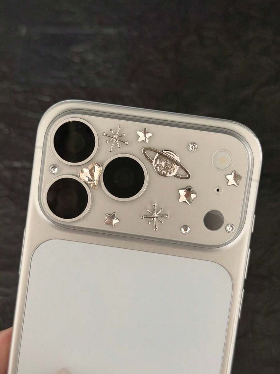 1pc Luxury Shiny White Heart Rhinestone Planet 3D Starry Sky Transparent Frosted Camera Lens Protector, Planet Star Heart Pearlescent Phone Camera Cover, Cute Girl Phone Accessory - White - View 1