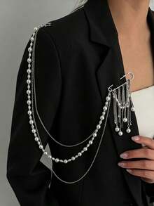 1pc Casual Fashion Elegant Suit Accessory Pearl Chain Tassel Brooch/Lapel Pin, Suitable For Women's Daily Outfit Matching, Bag Accessory Jewelry - Multicolor - View 4