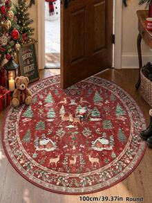 1pc Santa Claus & Reindeer Christmas Celebration Round Rug, Soft, Absorbent, Non-Slip, Suitable For Living Room, Study, Game Room, Bedroom, Christmas Home Decor - Red - View 14