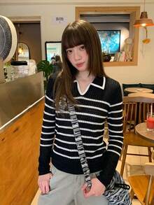 Women's Autumn/Winter Collared Hollow-Out Contrast Color Striped Slim Fit Versatile Sweater Top - Black - View 2