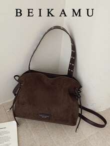 Women's Vintage Drawstring Bucket Bag, Rivet Decor Wide Strap Hobo Bag, Daily Commute Casual Crossbody Small Bag - Coffee - View 9