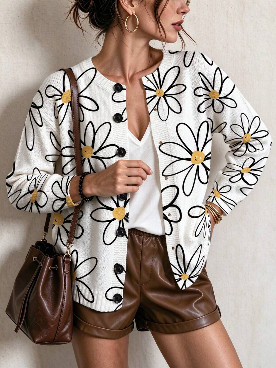 ASHKATIA Women's Plus-Size Vintage Cardigan Sweater, Fall Winter Knit For Social Occasions Daisy Line Pattern - Multicolor - View 1