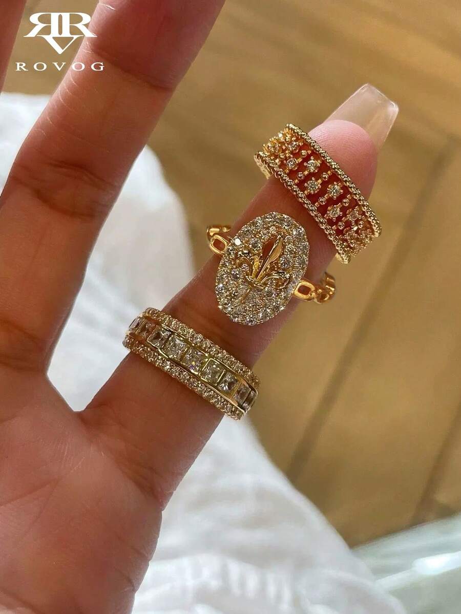 3pcs Fashion Cubic Zirconia Hollow Chain Open Copper Ring Set Suitable For Women Party And Banquet Wear - Yellow Gold - View 1