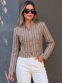 1pc Women's Vintage Striped Stand Collar Short Jacket, Double-Breasted Metal Buttons Military Style Slim Fit Zipper Jacket, Suitable For Daily Store Visits, Shopping, Dating, Light Commute, Autumn Outfit - Light Khaki - View 3
