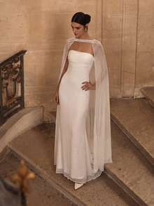White Elegant Knit Fabric Strapless Long Wedding Dress, Backless Design With Pleats And Pleated Details, High Elasticity Sheer Draping - White - View 1