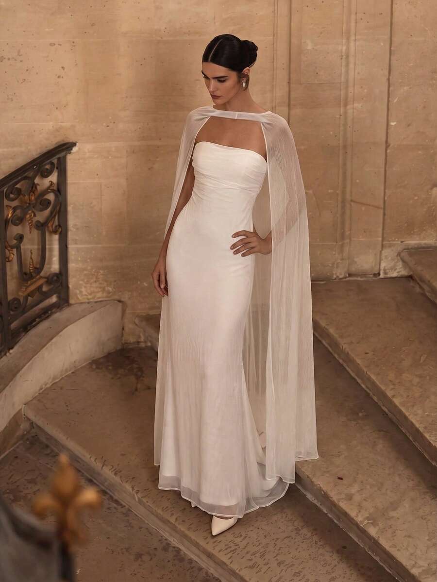 White Elegant Knit Fabric Strapless Long Wedding Dress, Backless Design With Pleats And Pleated Details, High Elasticity Sheer Draping - White - View 1