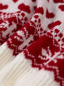 Teen Boys Christmas Reindeer & Snowflake Pattern Sweater, Autumn/Winter Red & White Jacquard Knit Crew Neck Pullover - Red - View 7