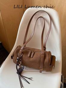 Shoulder Bag With Horizontal Cylindrical Body, Multi-Section Adjustable Strap, Beaded And Braided Tassel Charms On The Side, Multiple Metal Rings And Buckles. Spacious Interior For Carrying Personal Items, Shoulder Carry, Vintage Relaxed Vibe, Suitable For Daily Outings And Casual Wear - Brown - View 6