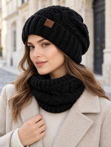 2pcs Set Cable Knit Hat & Scarf, Autumn/Winter Warm Leather Label Pullover Beanie & Thick Cold-Proof Knit Scarf Set - Multicolor - View 2