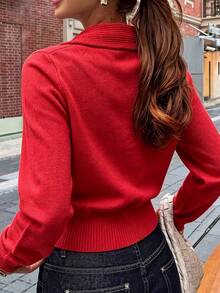 Vintage Style Women's Knitted Cardigan, Large Bow Decor, Front Button Closure, Long Sleeve, Suitable For Autumn/Winter - Red - View 2