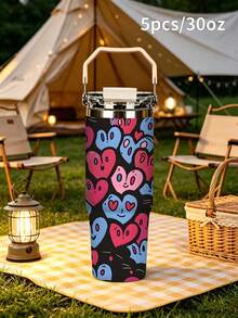 Valentine 1pc/5pcs 30oz Colorful Cartoon Heart Pattern Insulated Stainless Steel Travel Mug With Handle And Flip Lid, Portable Large Capacity Reusable Water Cup For Camping, Iced Coffee - Multi-color Cartoon Heart - View 12