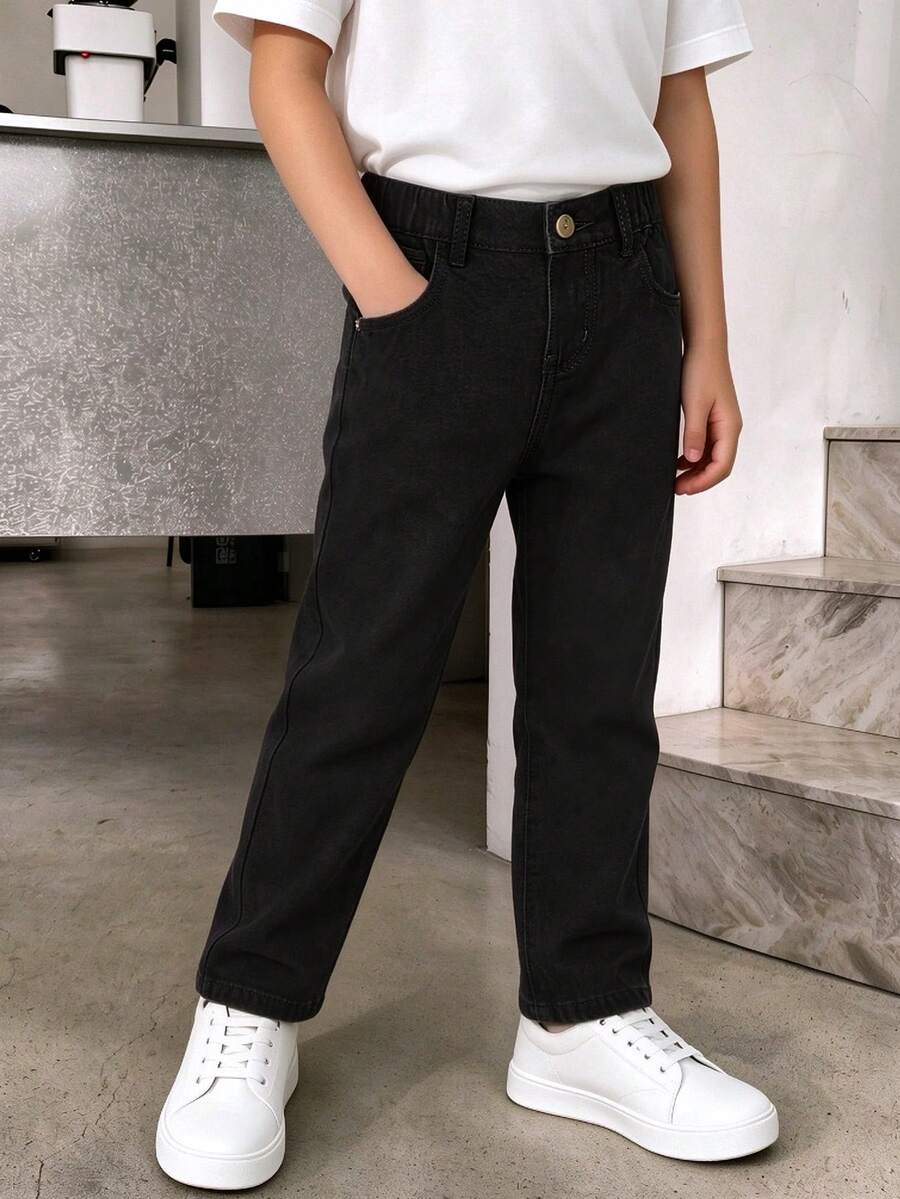 2-8years Young Boy Beige Color Simple And Street Wide Leg Jeans, Versatile Adjustable Elastic Waist, Loose Fit, Wide Leg Denim Pants, Suitable For All Seasons