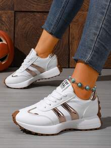 Women's Metallic Striped Lace Up Sneakers, Thick Sole Non Slip Casual Fashion Running Shoes - White - View 4