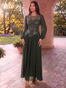 EVERPRETTY Autumn Luxury Elegant Heavy Beaded Embroidery Long Sleeve Formal Evening Gown Suitable For Evening Party Formal Occasions Anniversary - Olive Green - View 2