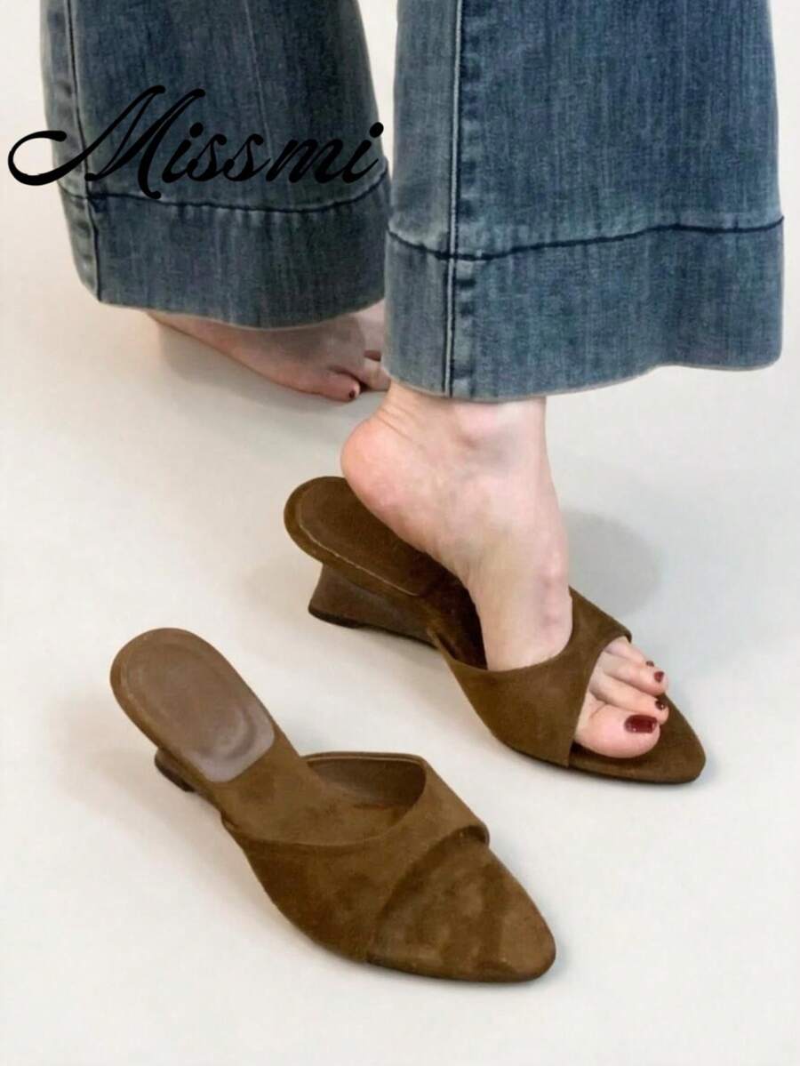 Women's Pointed Toe Wedge Slippers Sandals New Summer Slide Sandals Niche Design High Heel Shoes - Brown - View 1