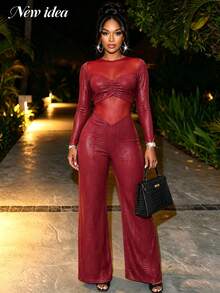 NEW IDEA Women's Sexy Edgy Burgundy Fall Winter Jumpsuit, Mesh Panel Long Sleeve Flared Leg Jumpsuit For Night Out, Club, Party, Cocktail - Burgundy - View 9