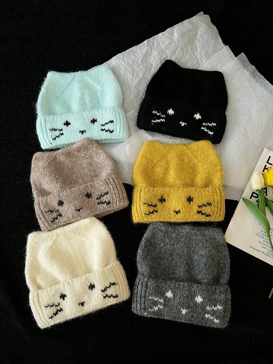 1pc Women's Y2k Cute With Embroidered Lovely Kitten Knit , Soft Cartoon Embroidered Skull Caps, Suitable For Autumn/Winter Warmth Daily Wear. - Cat Ear Embroidery - View 1