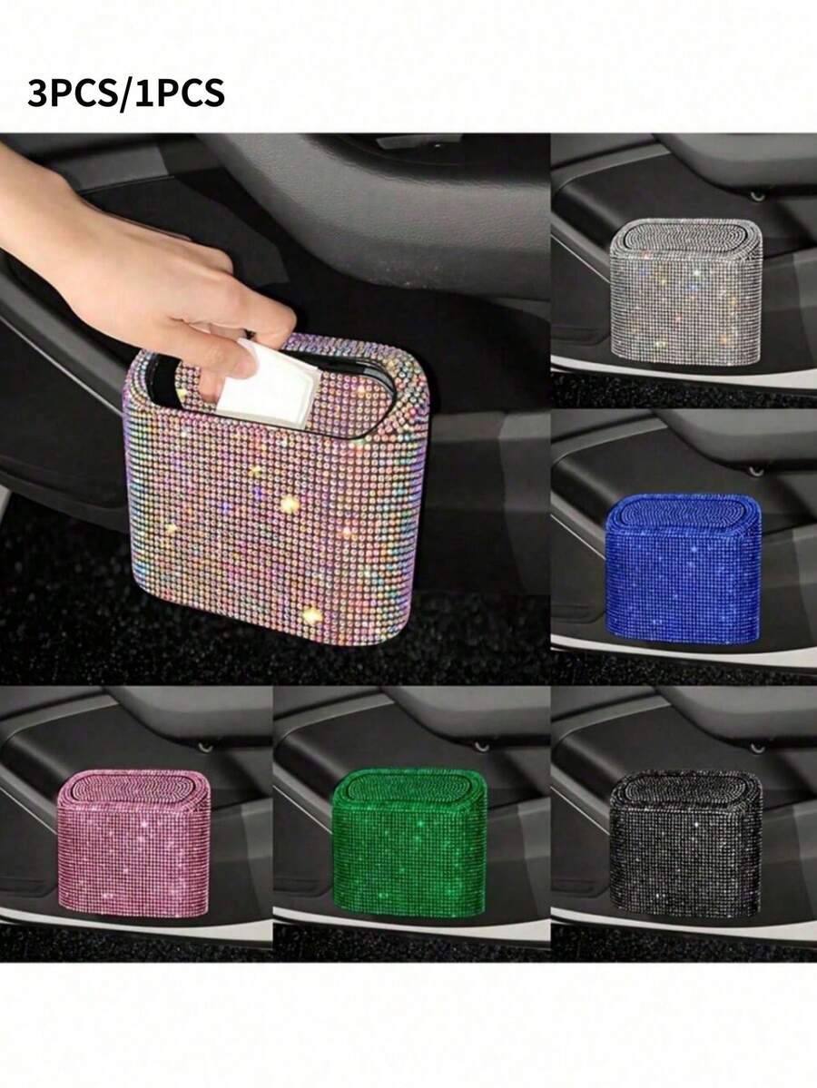 3pcs/1set Rhinestone Car Trash Can, Shiny ABS Plastic With Lid, Back Seat Hanging Storage Bag, Can Hold Trash, Phone, Water Bottle, Easy To Clean