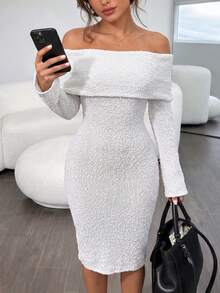 SUNSTORY Women's Autumn Fitted Off-Shoulder Short Knit Dress, Party Gathering Commute Wedding Guest Back To School Dance Christmas - Champagne - View 4