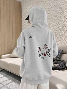 Women's Fashion Autumn/Winter Round Neck Loose Comfortable Casual Cute Cat Print Sweatshirt - Light Gray - View 2