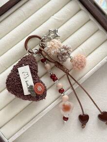1pc Brown Tone Heart Keychain, Five-Pointed Star Bead Pendant, Vintage Maillard Style Bag Charm - Multicolor - View 4