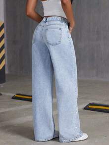 Tween Girl Y2K Design Loose Straight Leg Jeans, Casual Vacation, Washed Blue Denim, Elastic Waist, Rhinestone Decor, Soft Cotton Non-Stretch Material, Suitable For Daily, Commute, Outing, Party - Light Wash - View 3