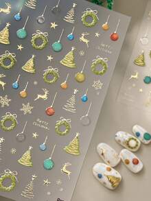 1 Sheet Christmas Nail Stickers, Gold Embossed Xmas Wreath Tree Reindeer Snowflake Bauble Self Adhesive Nail Art Decorations, Luxury Holiday Nail Decals - Multicolor - View 3