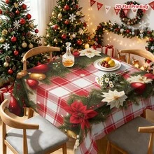 1件紅色格紋背景搭配松枝花環、紅金色球飾、一品紅與雪花裝飾的聖誕主題桌布，適用於餐桌布置、廚房檯面裝飾、野餐與露營桌面布置、派對場景營造，農舍風點綴與節日氛圍提升 - 彩色 - 查看 16