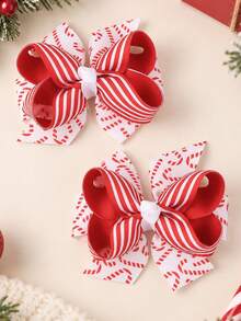2pcs Colorful Christmas Party Hair Clips With Bows, Satin Striped Candy Cane & Gingerbread Man Print Hair Accessories, Cute Girls Christmas Gift Hair Clips - Multicolor - View 8