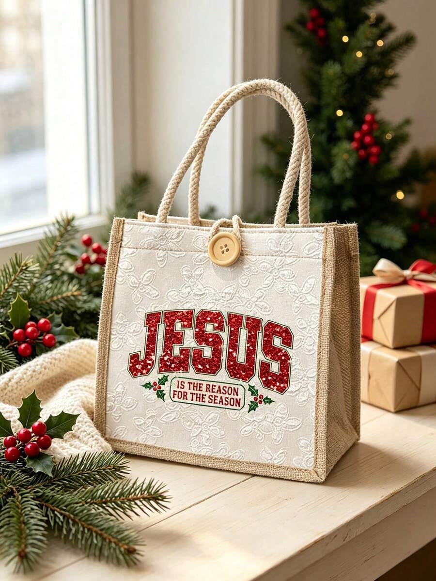 Tas Tote Linen Motif Kristen Sederhana, Sempurna untuk Perjalanan dan Liburan, Hadiah Terbaik untuk Mengekspresikan Iman, Tas Belanja yang Cocok untuk Pernikahan - MultiWarna - View 1