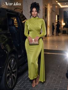 NEW IDEA Women Elegant Olive Green Winter Long Dress, High Neck Long Sleeve Ruched Bodycon Maxi Gown With Side Drape For Cocktail Party, Wedding Guest - Green - View 1