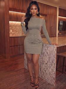Women's Striped Asymmetrical Neck Bodycon Dress Long Sleeve Split Hem Short Knitted Elegant Mini Dress - Brown - View 6