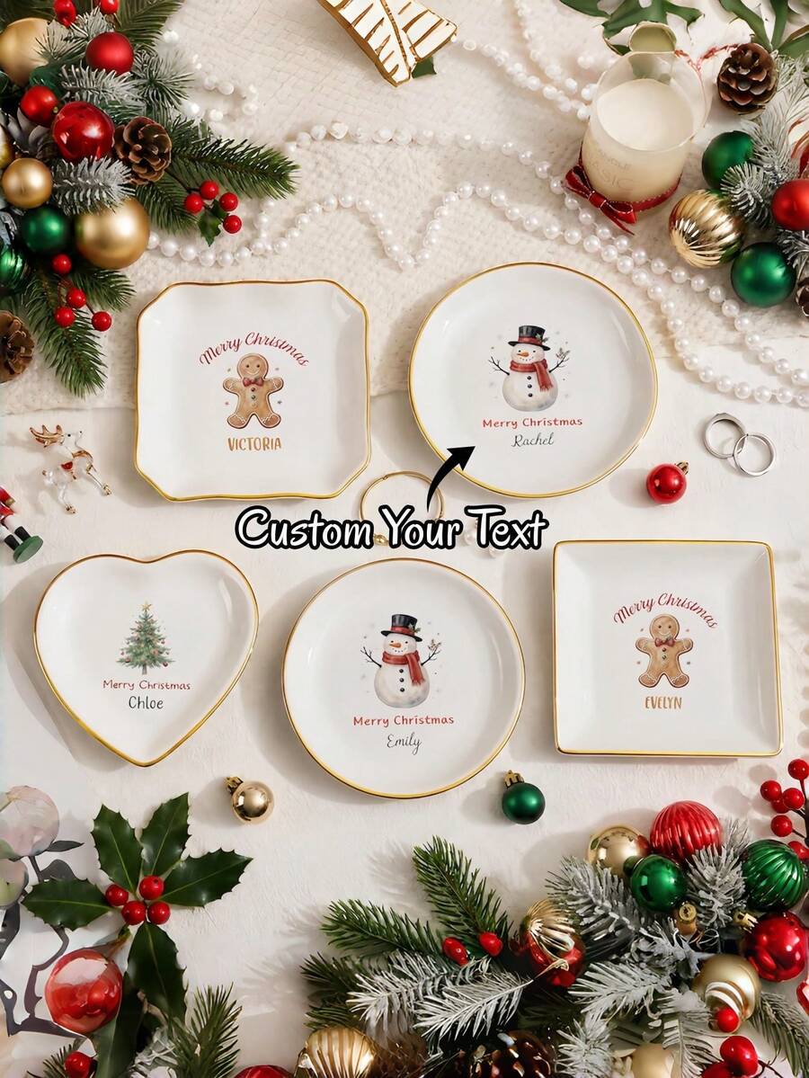 1PC Custom Christmas Jewelry Dish, Ceramic Ring Holder, Personalized Name Tray, Festive Keepsake Gift, Bridesmaid Proposal, Trinket Tray For Best Friend/Bestie,Wedding Gift,Christmas - Multicolor - View 1